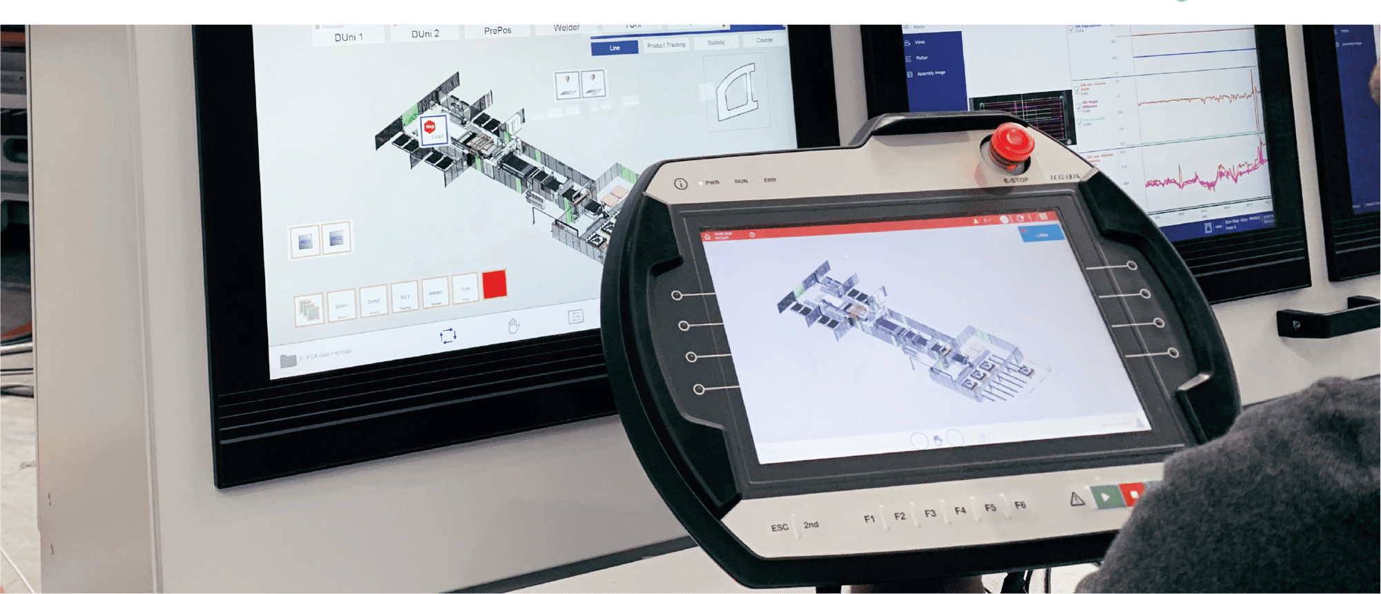 HMI control panel and monitor with a visualized production line from the Andritz Soutec project for intuitive plant control.