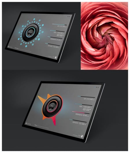Technologie trifft Natur: Industrielle Steuerungs-Interfaces mit organischen Formen, inspiriert von der Spirale einer Blüte.