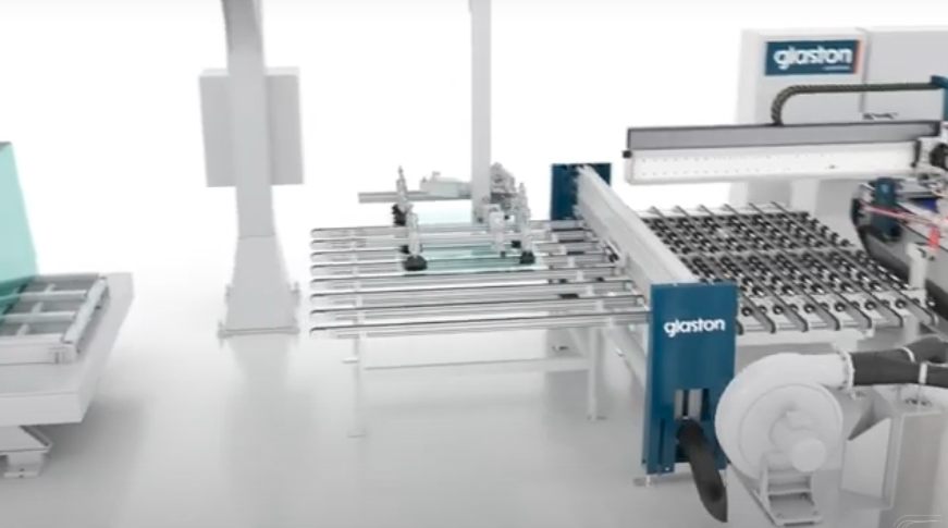 Glaston production system with automated glass processing.